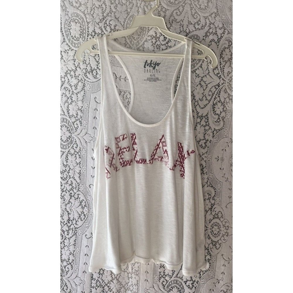 "Relax" Tokyo Darling Racerback Tank Top XL White‎ Athletic Womens Wear